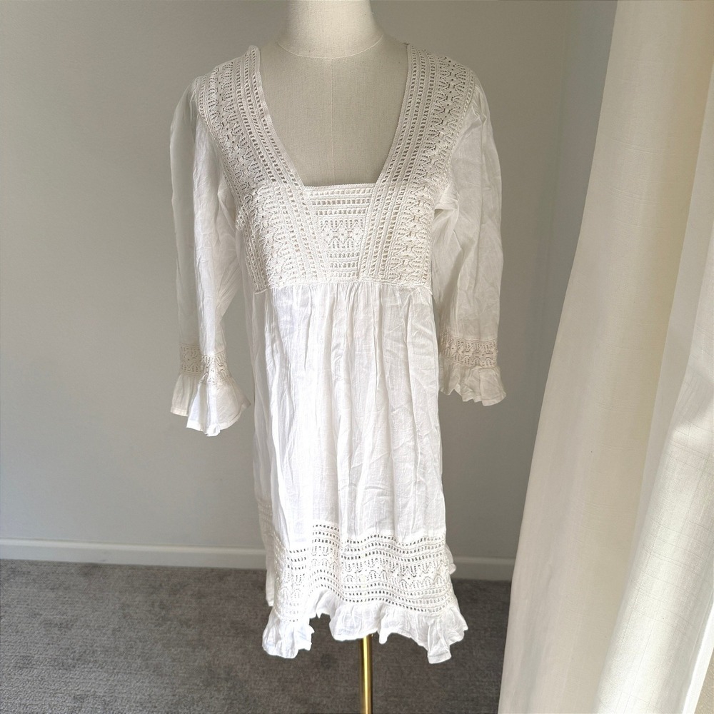 Vintage 90s Y2K White Cotton Crochet Lace Mini Dress Small Nightie Flowy Cottage